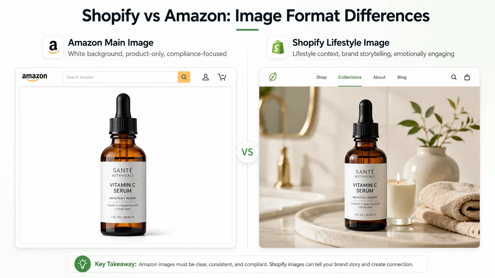 "Visual comparison between Shopify theme product image layout and Amazon listing image requirements"